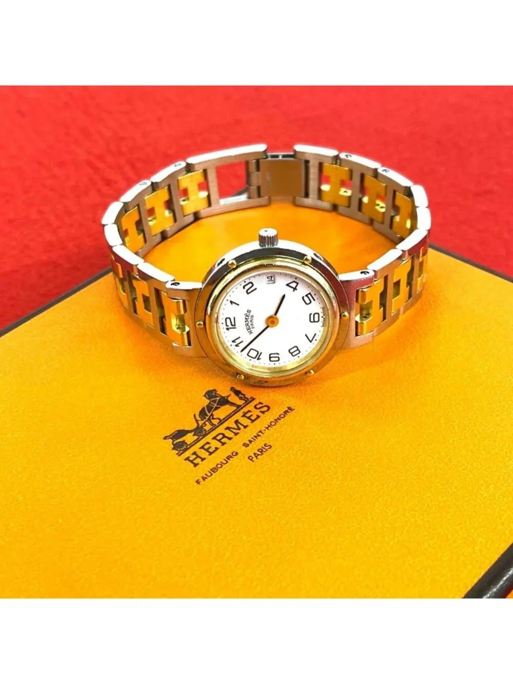 Hermes Clipper Stainless Quartz Watch Wrist Silver Gold